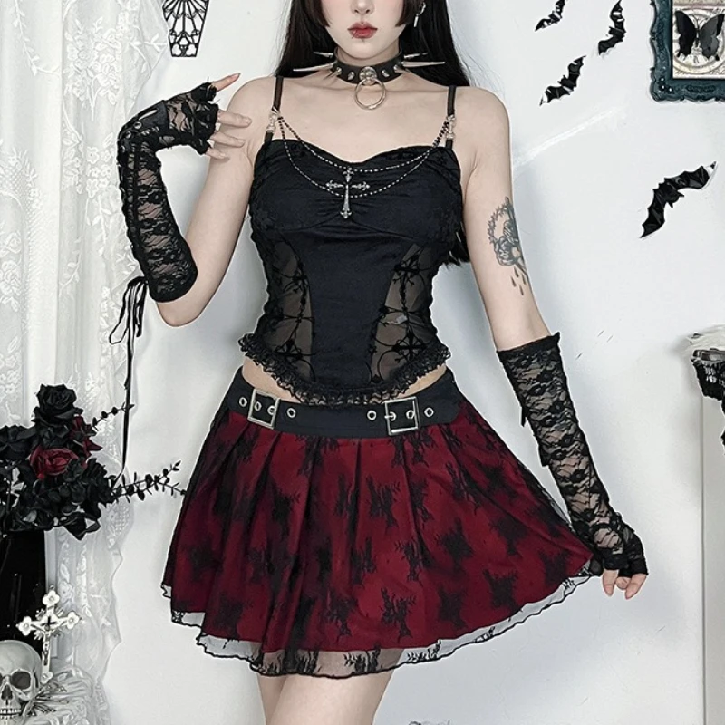 Dark Gothic Lace Mesh Pleated Mini Skirt 2000s Korea Chic Sexy Patchwork Short Skirts High Street Casual Design Sense Clothing
