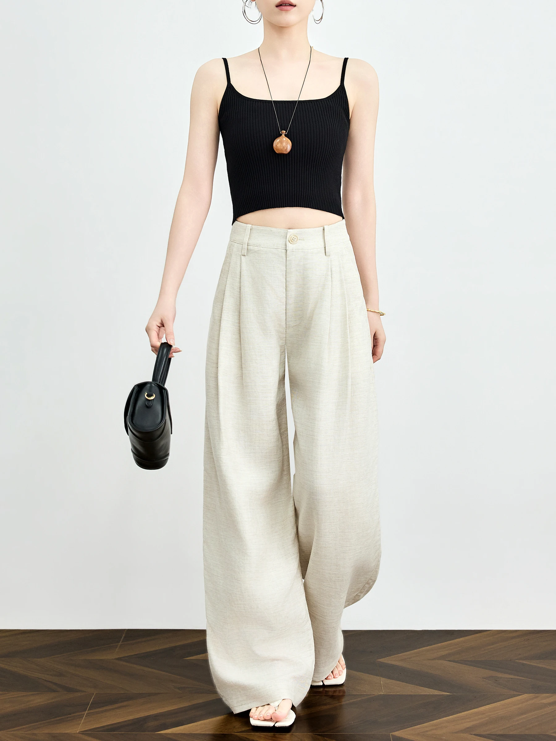 

Женские брюки с высокой талией и широкими штанинами из тонкого льна, свободного кроя, в пол, для лета, с эффектом прохлады, повседневные