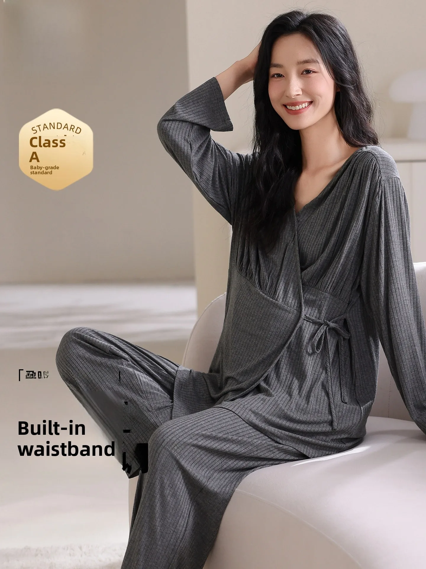 long-sleeve-nursing-kimono-style-sleepwear-set-with-chest-pad-women's-postpartum-home-clothes-set-comfortable-v-neck-design