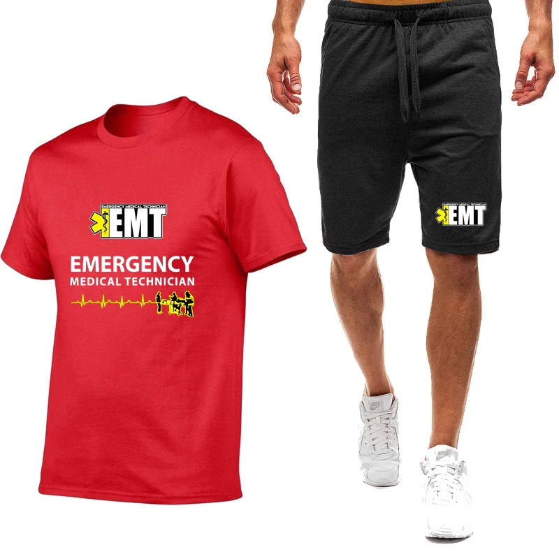 

EMT Emergency Medical Technician Medic Rescue Summer Men's T-shirt+Shorts 2-piece Set Hip-hop Breathable Short Sleeved Suit