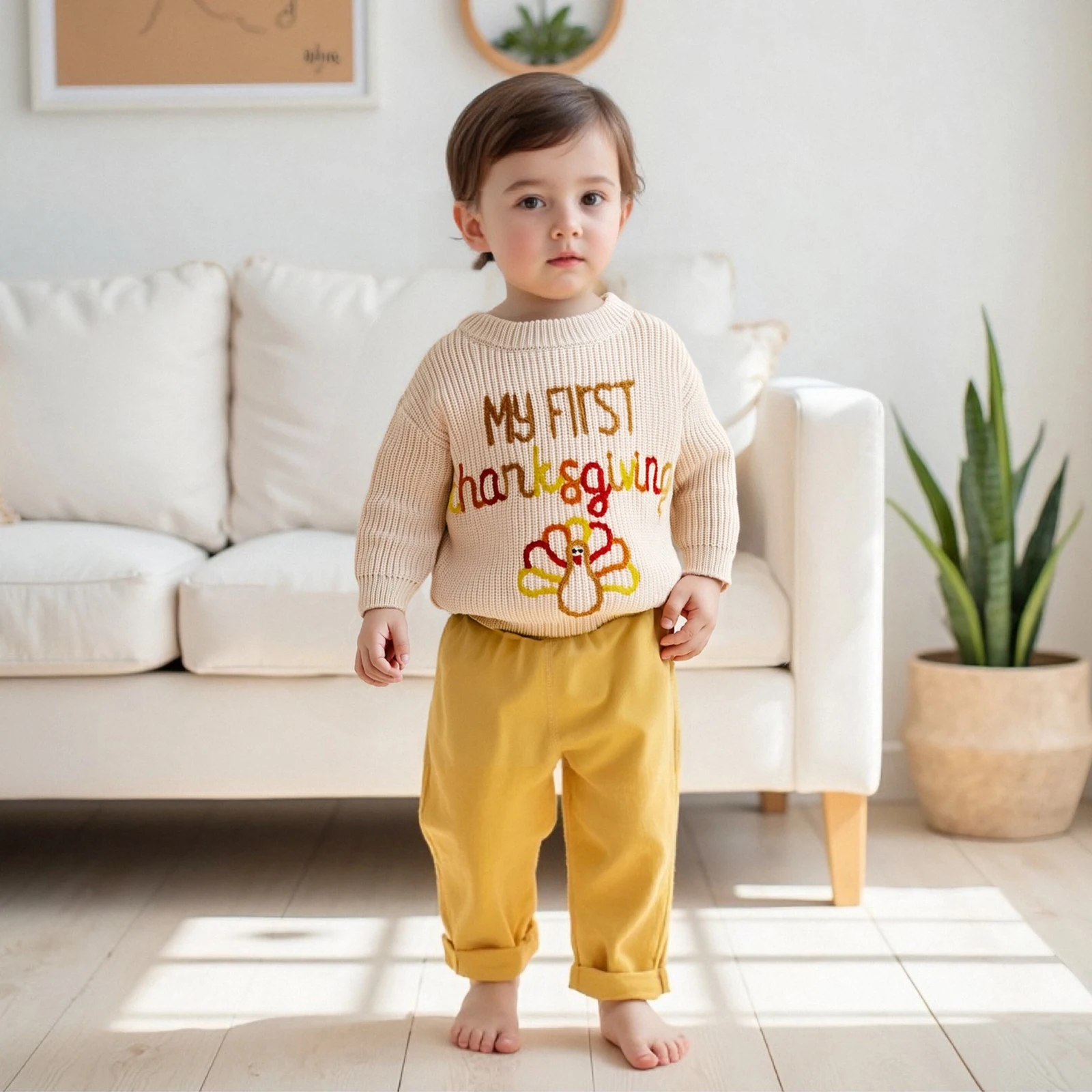 

Baby Thanksgiving Sweater Casual Letter Turkey Embroidery Infant Pullover Knitwear for Toddler Warm Clothes