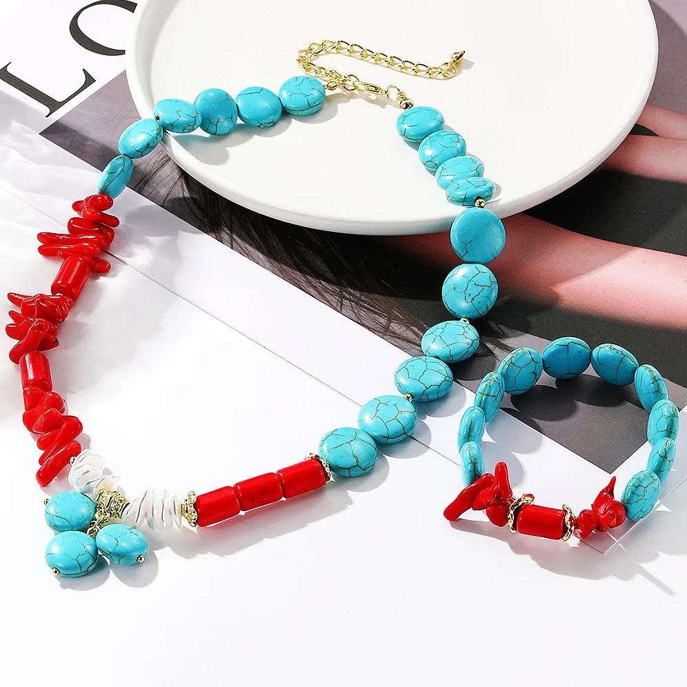 Vintage Bohemian Turquoise Beaded Necklace Bracelet for Women