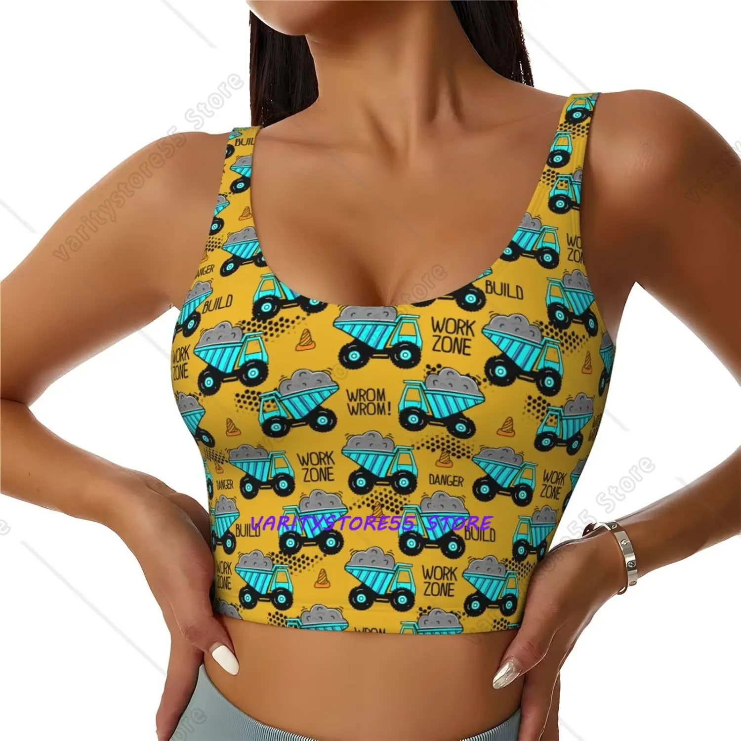 Cute Construction Women's Sports Bra Yoga Crop Gym Tank Top U Back Exercise Workout Top Removable Pads Running Outfits