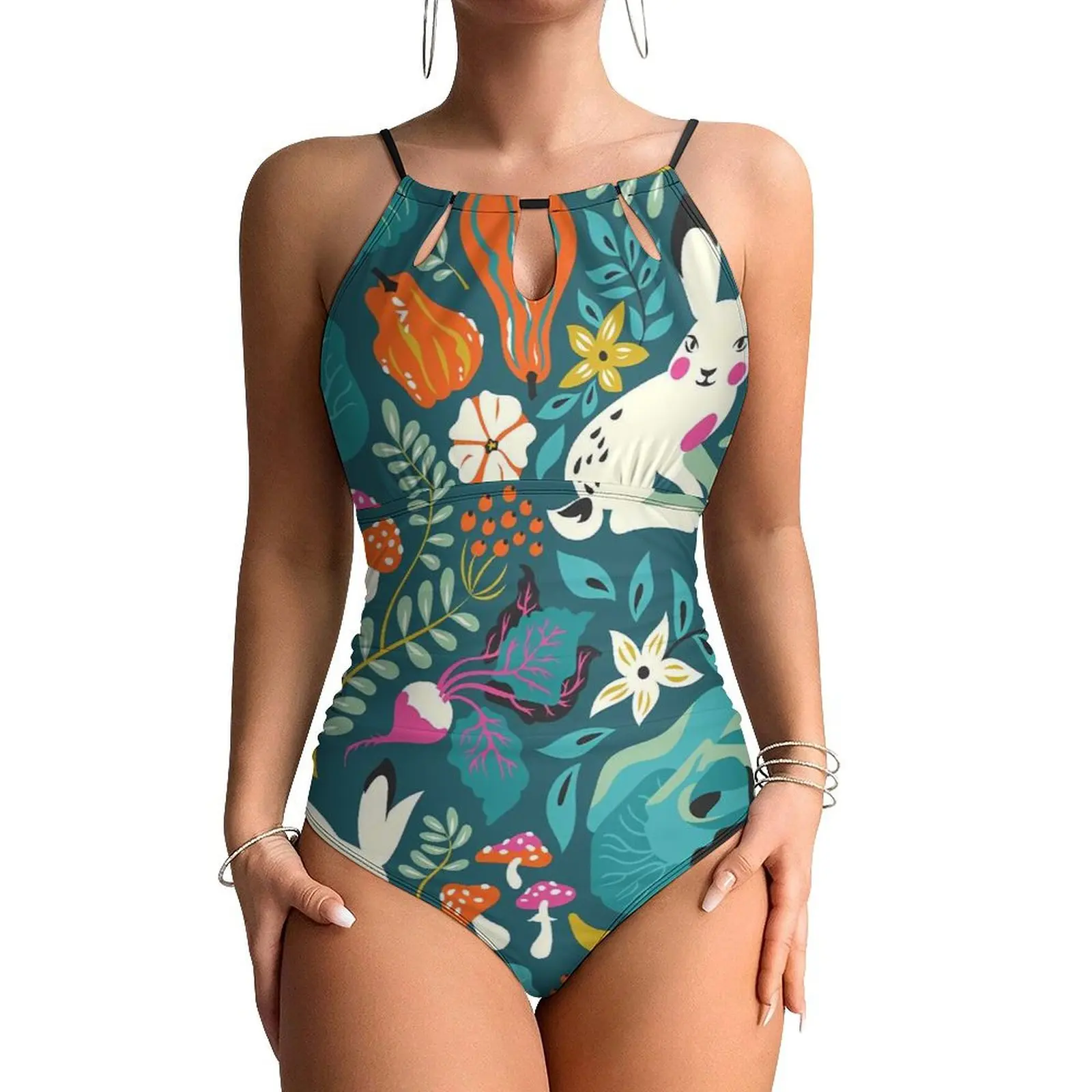 Happy Easter Swimsuit Sexy Bunnies Floral Print One-Piece Swimwear Push Up Swimsuits Trendy Holiday Surf Bathing Suit