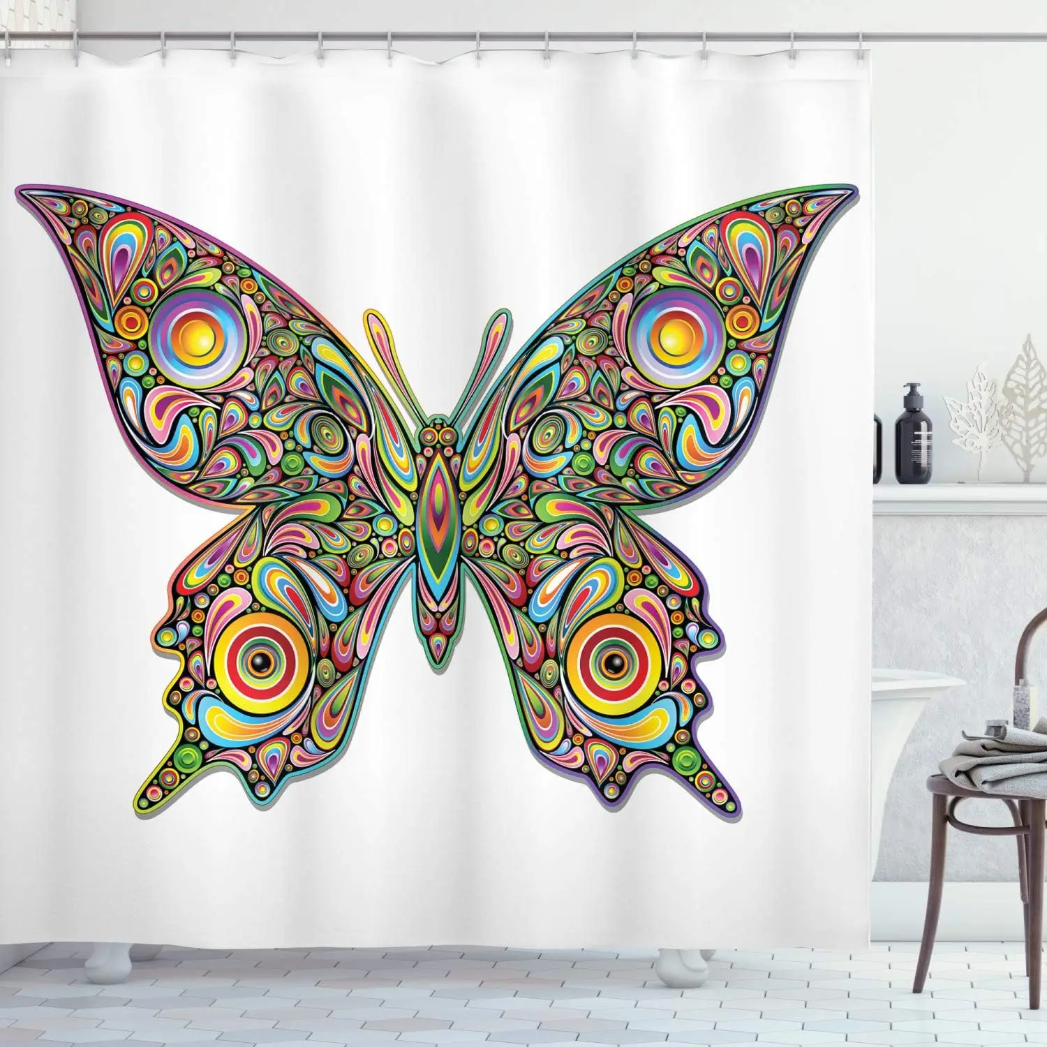 

Занавеска для душа с бабочками, спирали с психоделическим дизайном и узором в виде бабочки, узор в виде глаз дикой природы, тканевый набор декора для ванной комнаты с крючками