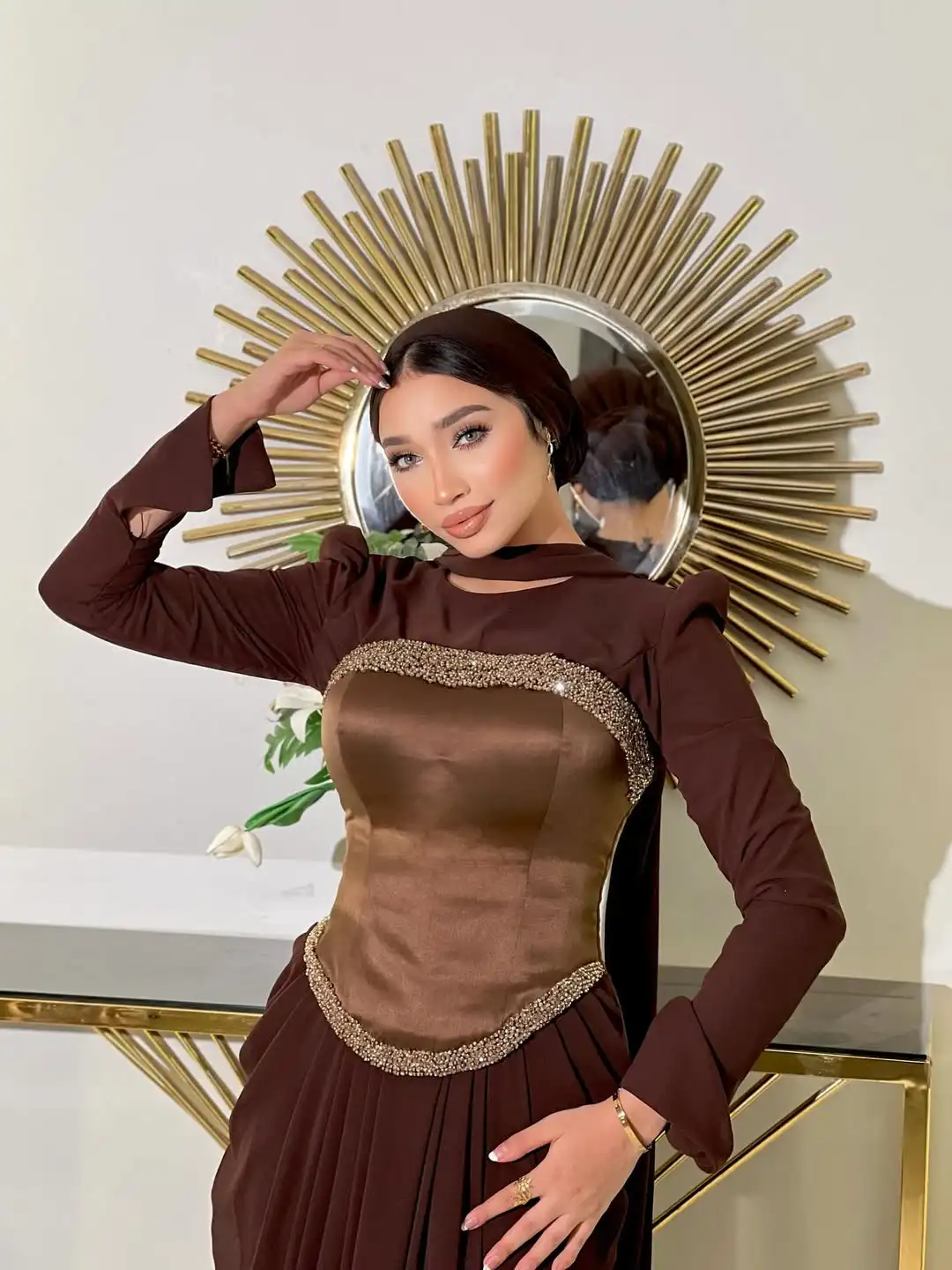 تصميم جديد مثير س الرقبة الديكور مشد ثنيات كامل الأكمام سليم حورية البحر فستان سهرة أنيق حفلة موسيقية فستان رسمي #3