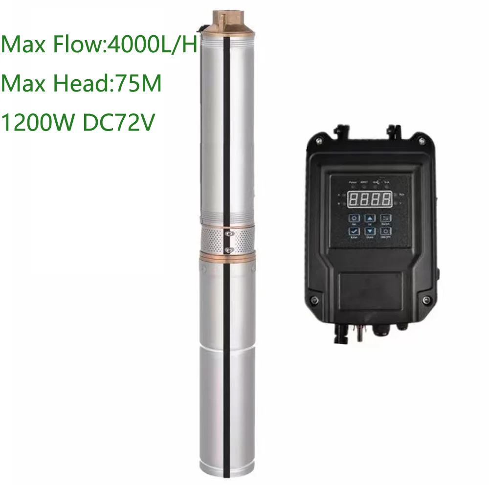 1200W Max Head 75M Solar Deep Well Pump 3Inch DC 72V Brushless PV System Submersible Pump Max Flow 4000L/H for Agriculture