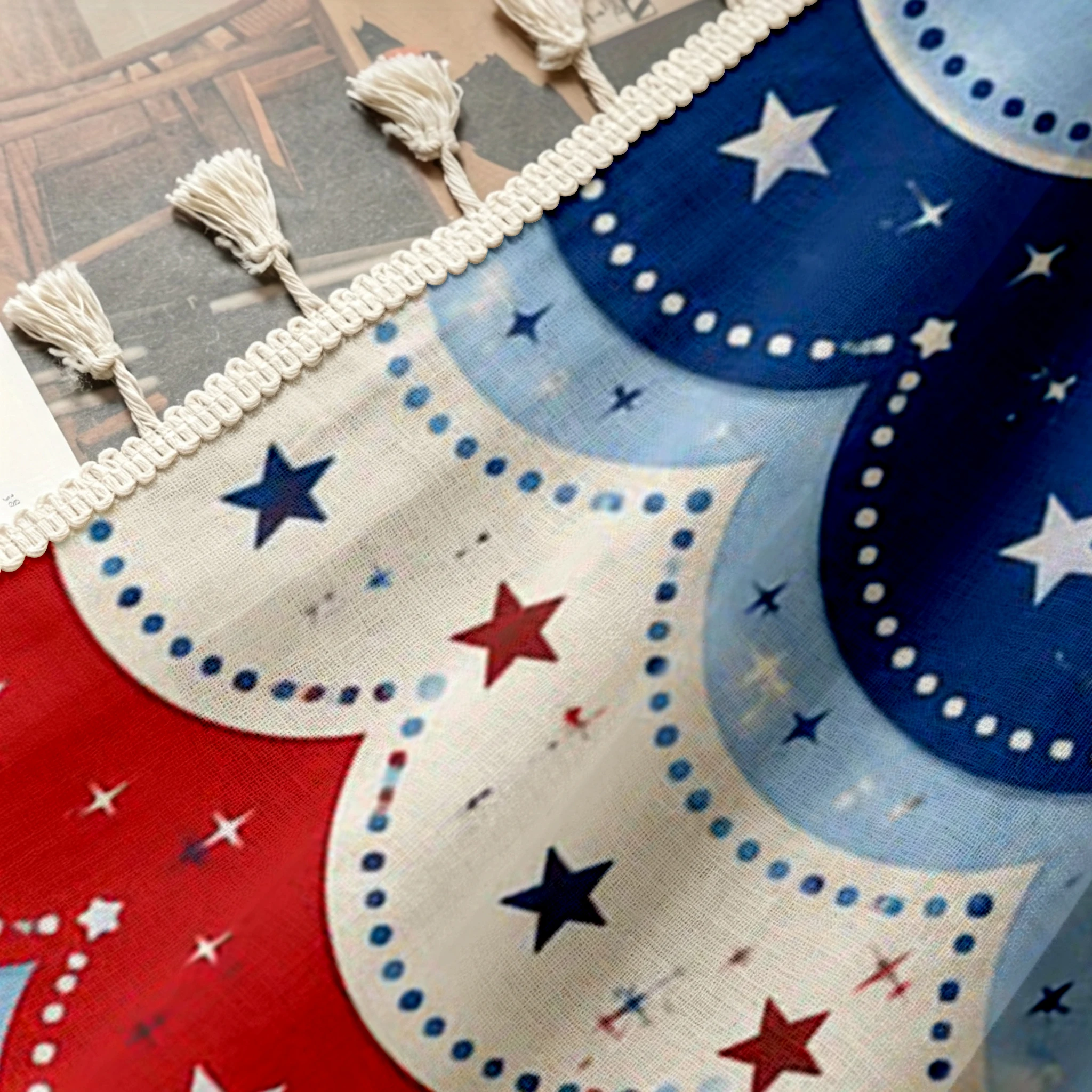 1PC Patriotic Tassel Sheer Curtains, Red Blue White Wave Star, Digital Print, Linen Polyester, Bedroom Living Room Home Decor