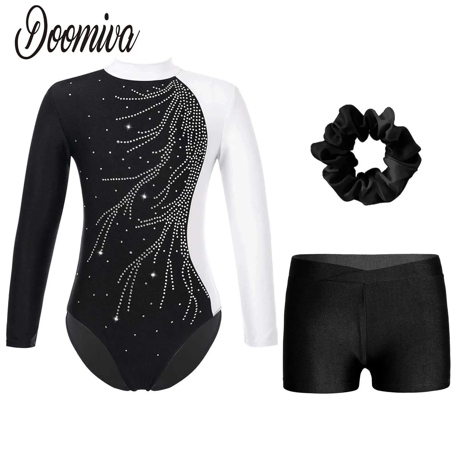 

Girls Gymnastic Dance Leotards Outfit Performance Costume Skating Sport Long Sleeve Unitards bodysuit Shorts with Hair Band Set