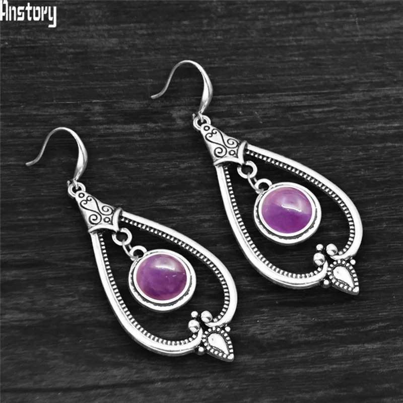 Round Pink Quartz Dangle Earrings For Women Tibetan Silver Natural Stone Lapis Lazuli Tiger Eye Fashion Pendant Earring