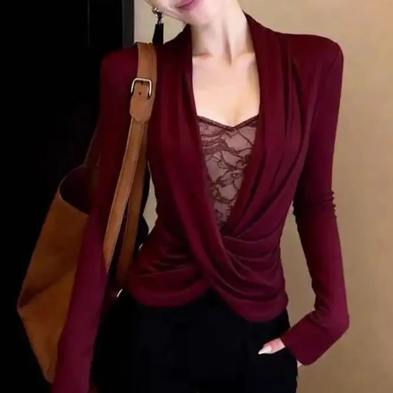 Elegant Women's Knit Top With Scarf Collar And Ruched Detail For Office Wear In Spring Autumn