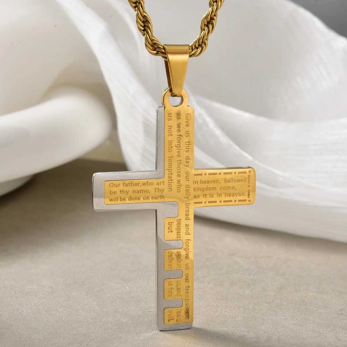 

Men Cross Pendant Stainless Steel Necklace Jesus Crucifix Religious Bible Text Prayer Hypoallergenic Charm for Women Jewelry