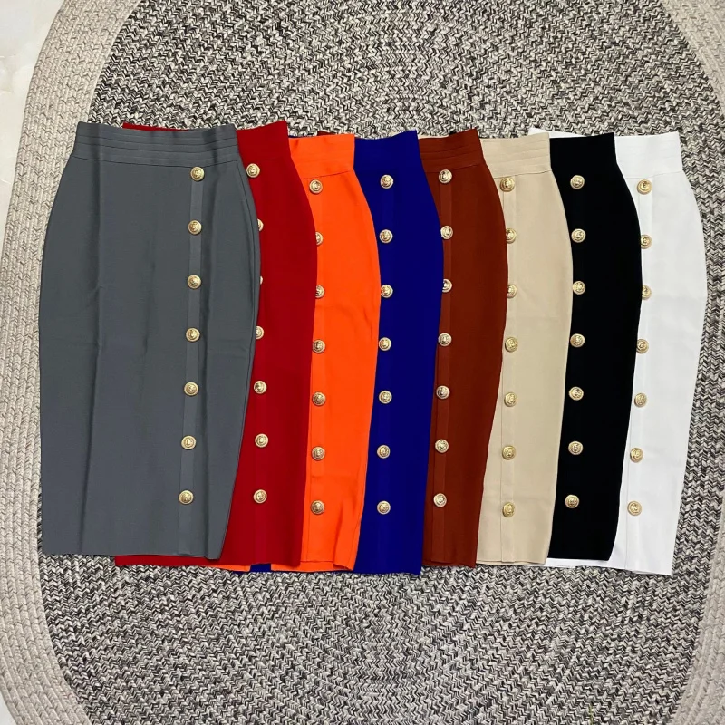 

ILADO Bandage Women's Button Pencil Dress High Waist Design Socialite Party Club Trendy Black Blue75cm