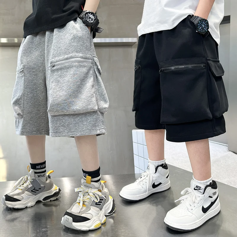 

Kids Boy Casual Cotton Cargo Shorts with Multi Pocket Children Luxury Knee Length Baggy Short Capris Pants Black Gray Color 5-14