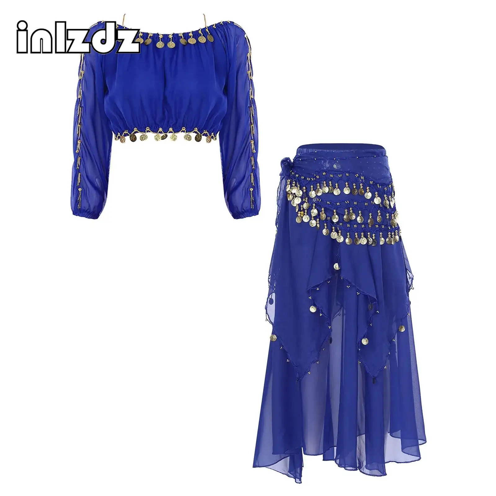 

Womens Belly Dance Outfits Off Shoulder Crop Tops Asymmetrical Chiffon Skirt With Tassel Waist Chain 3-Piece Dancewear Costume