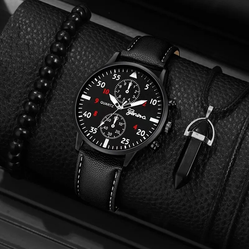 

Мужской кожаный комплект кварцевых часов, ожерелье, браслет, повседневные наручные часы, деловые, мужская мода, 3 предмета