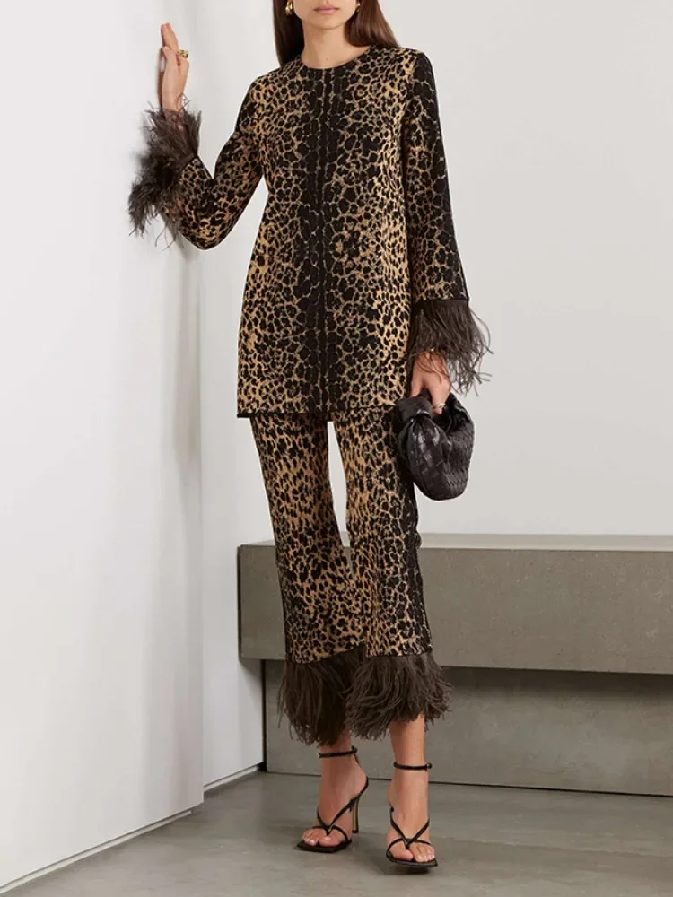 Missuoo 2024 Autumn New Leopard Printed Feathers Suits Round Neck Long Sleeve Tops High Waist Straight Pants Elegant Pant Sets