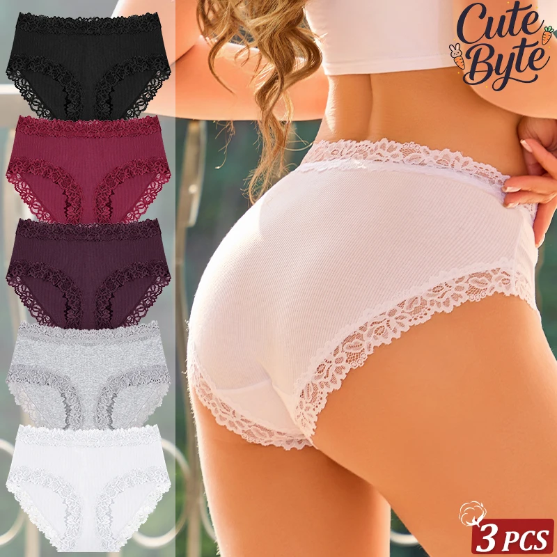 3PCS/Set Women Cotton Panties Lace Low Waist Briefs Trendy Patchwork Lace Intimate Underwear Stretch Comfortable Ladies Lingerie