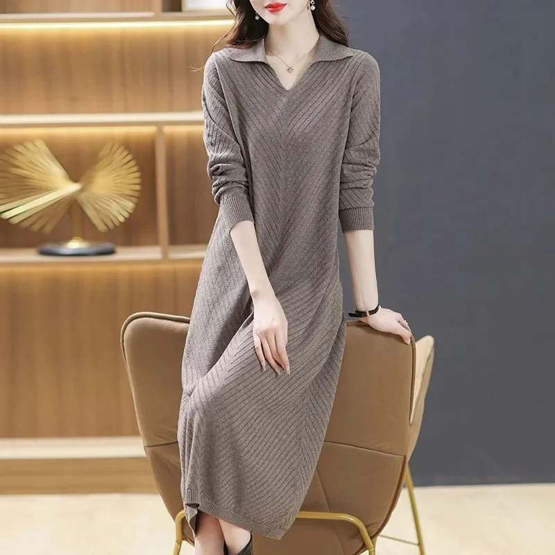 

Autumn Winter New Woolen Dress Women's Long Pullover Loose Over Knee Dress Versatile Elegant Knitwear Bottom Long V-Neck Dress