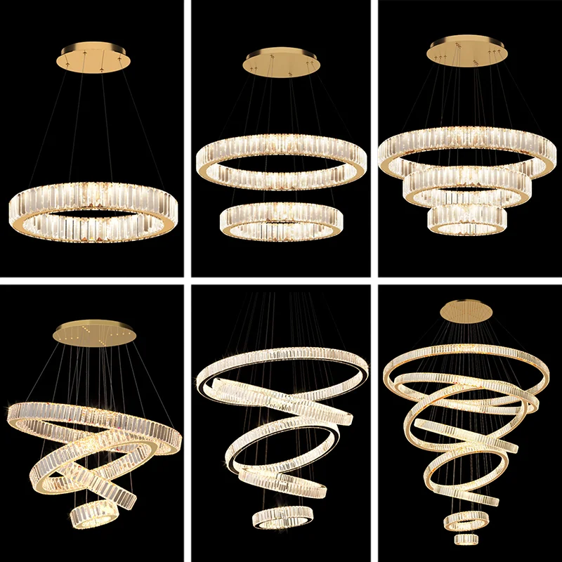 Modern Luxury Round Circle Chrome Gold Crystal Large Chandelier Lighting For Villa Staircase Cristal Living Room Restaurant Lamp