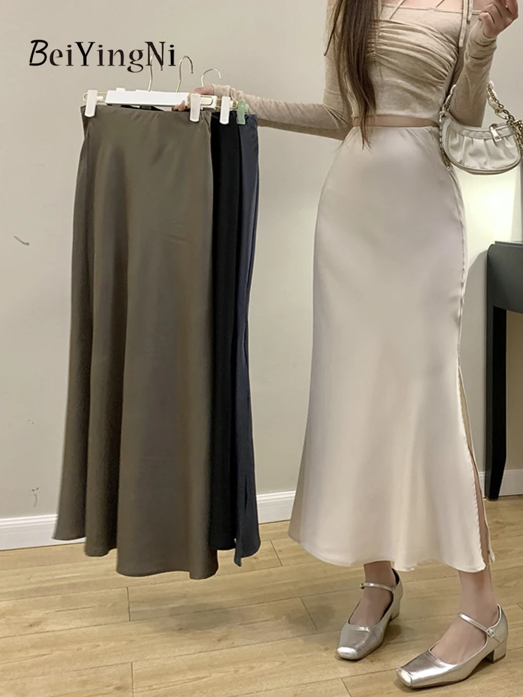 Beiyingni Korean Split Satin Midi Skirts Women Slim Elegant French Fashion Black Pack Hip Mermaid Skirt Ladies High Waist Faldas