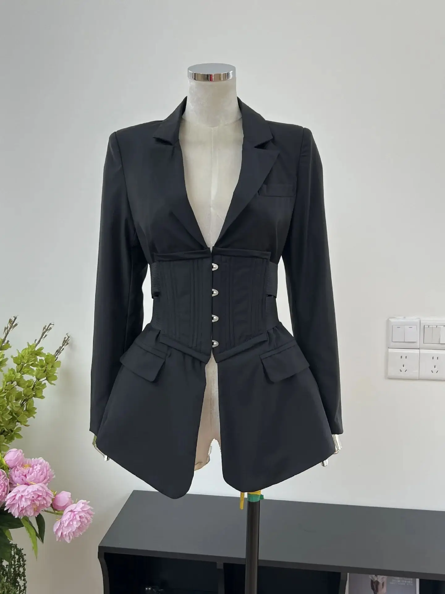 

Autumn New Slim Fit Sexy Lapel Long Sleeve Fishbone Waist Cincher Splicing Fashion Jacket Women's Suit Outerwear Clothing Top