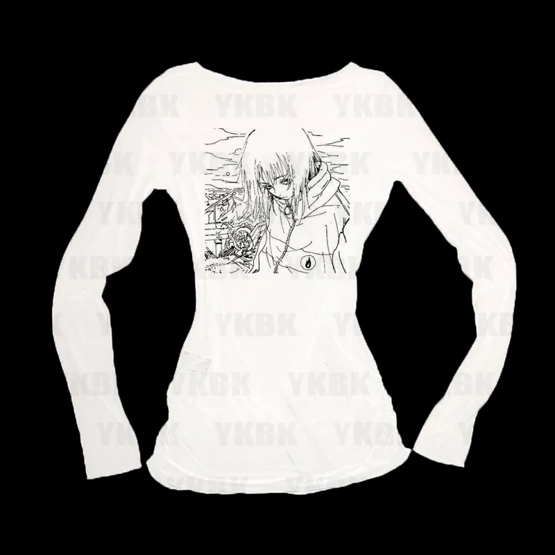 جرافيك هاراجوكو طباعة رسالة أنيمي كم طويل المرأة تي شيرت 90s الملابس خمر النساء الإناث Trashy Y2k 2000s بلايز القوطية