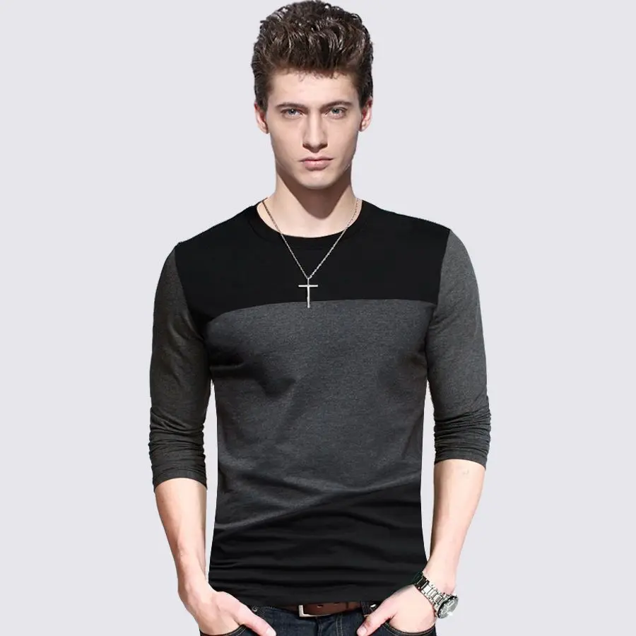 Mens Spring Fall Pure Cotton Contrast Color Round Neck T-Shirt Youth Top