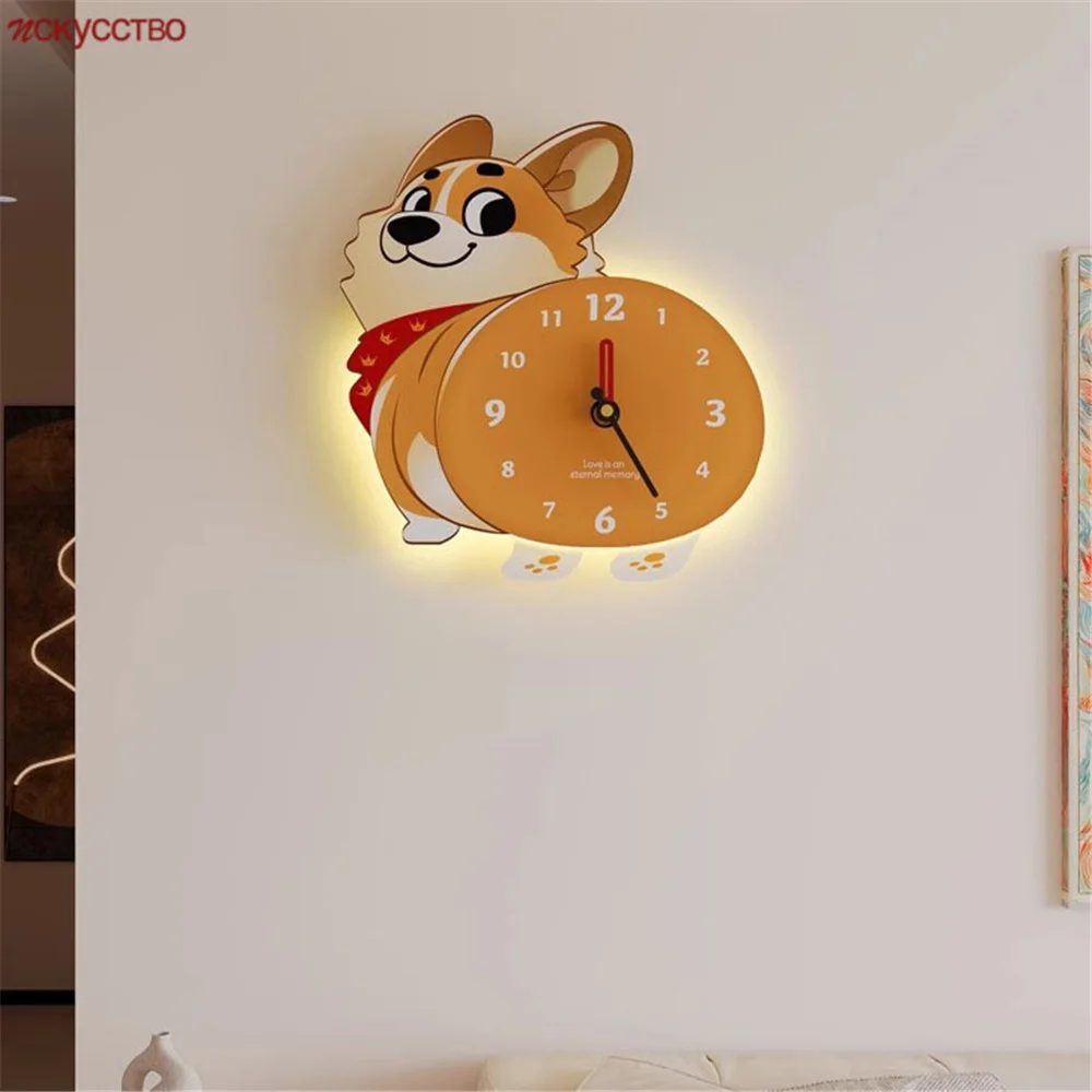 

Cartoon Puppy Corgi Acrylic Clock Led Wall Lamp Kids Bedroom Study Foyer Sofa Mural Aa Battery Atmosphere Night Light Home Decor