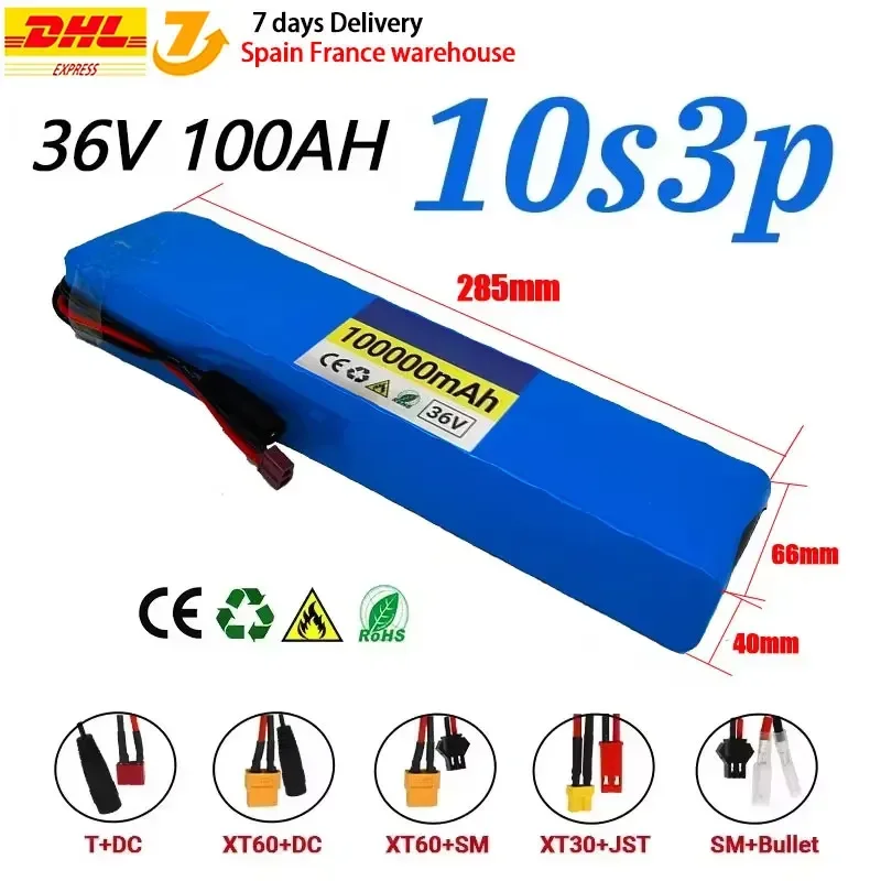 Image of 36 V 100 Ah 18650 wiederaufladbarer Lithium-Akku 10S3P 1000 W mit BMS für Fahrrad-Roller-Akku + Ladegerät