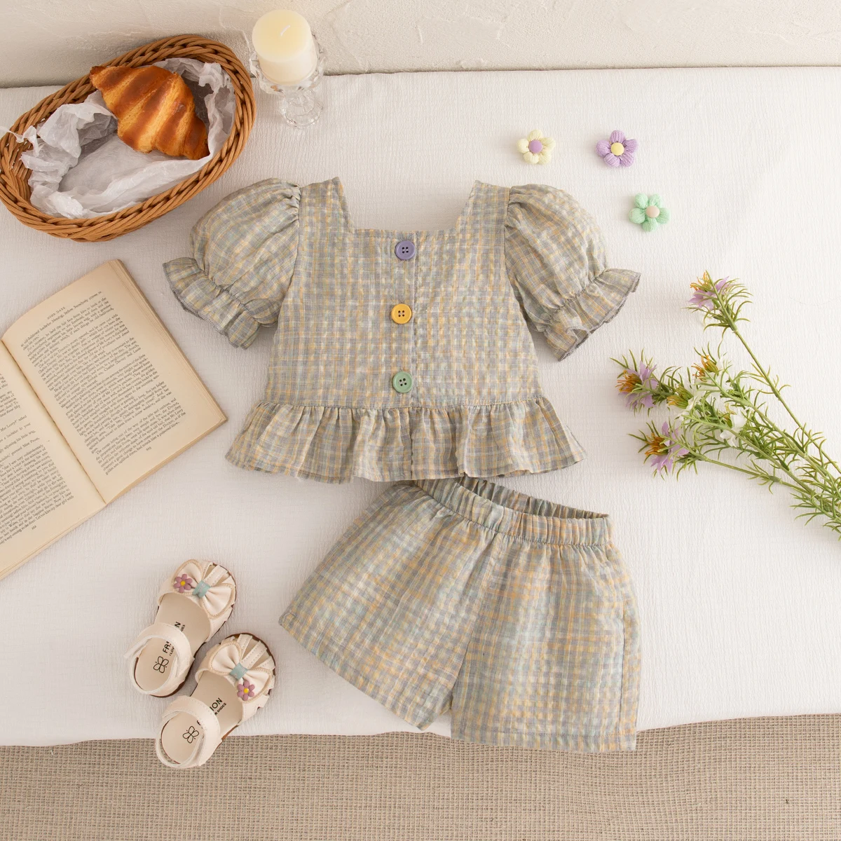 

2pc/Set Baby Girl Set Summer Plaid Striped Bubble Sleeve Square Neck Children Clothes Cute Casual Girl Outfit