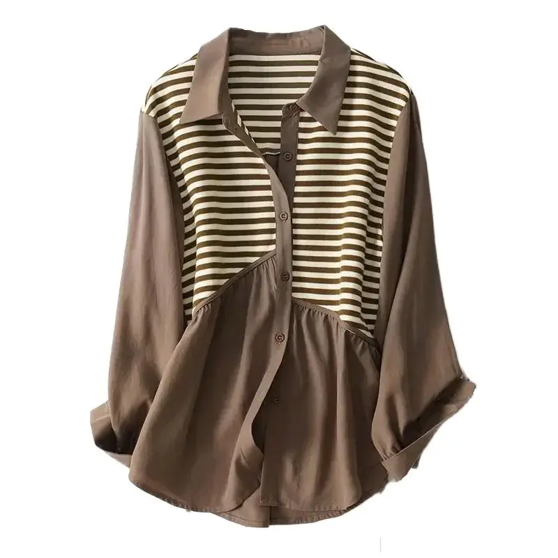 Spring And Summer Single-Breasted Shirt Loose Knitted Stitching Casual Long-Sleeved Shirt Women 150 KG