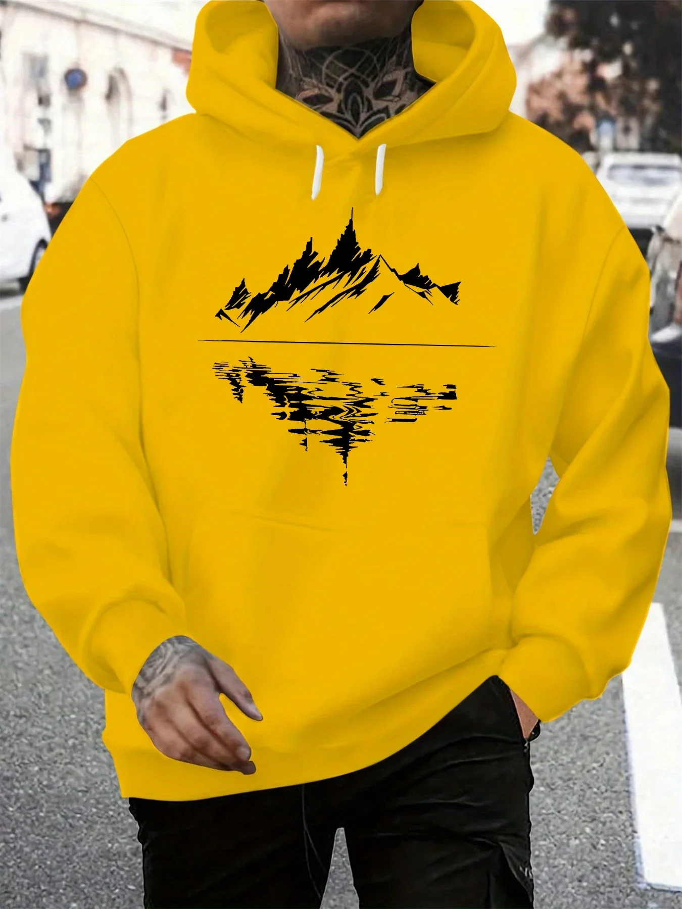 سترة رجالية كاجوال فضفاضة بغطاء للرأس للخريف والشتاء مع نمط انعكاس جبلي مطبوع بأكمام طويلة بلوفر دافئ #5