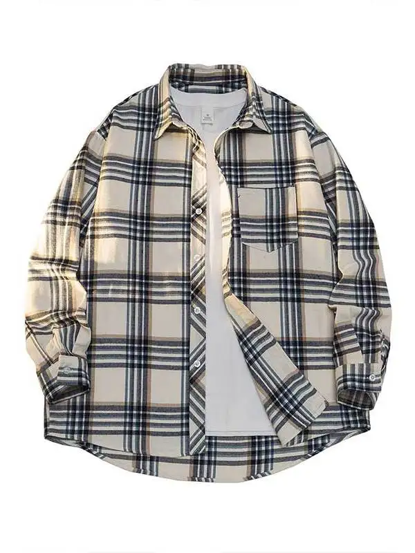 

2025 New Plaid irt Men's Spring Autumn Thin Loose Casual Outerwear Polyester Fiber Long Sve Regular Length Open Cardigan