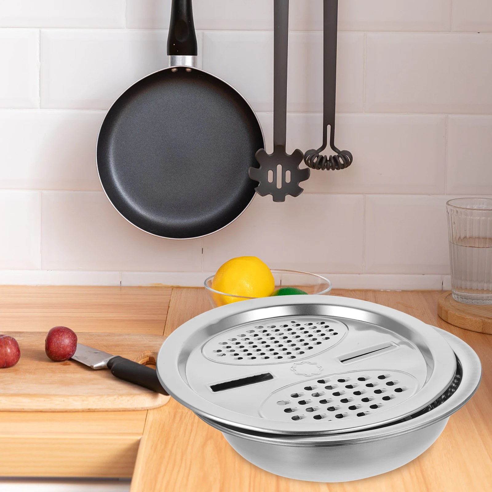 

3pcs Stainless Steel Vegetable Washing Basin Rice Sieve Kitchen Grater Drainable Stackable Fruit Strainer Bowl Metal Cutter