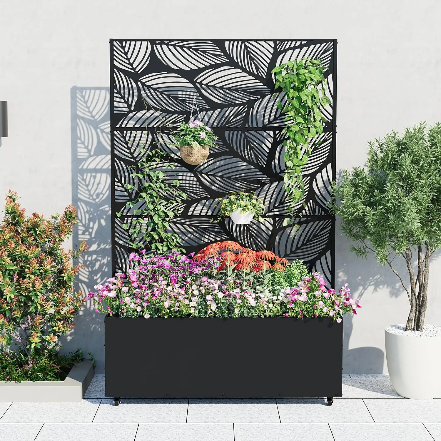 Raised Garden Bed Trellis Planter Box With Wheels, Mobile Climbing Plant Flower Growing Workstation, Patio Backyard Balcony Privacy Screen, Deep Container Drainage Outdoor, Modern Style, Black, Single Piece