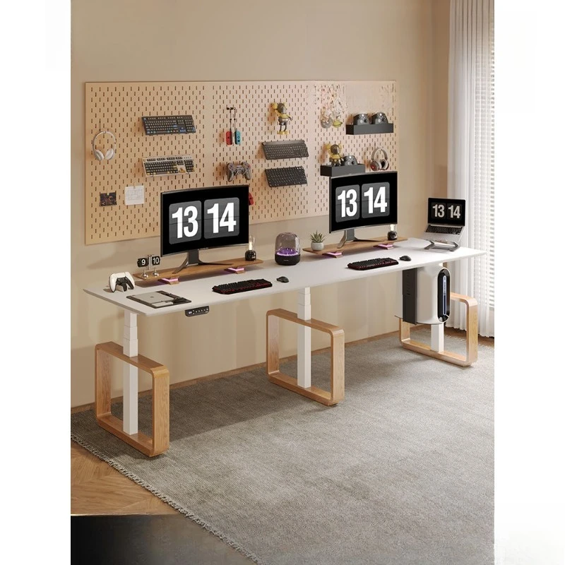 

Three-motor lengthened double solid wood desk electric lifting computer strip desk