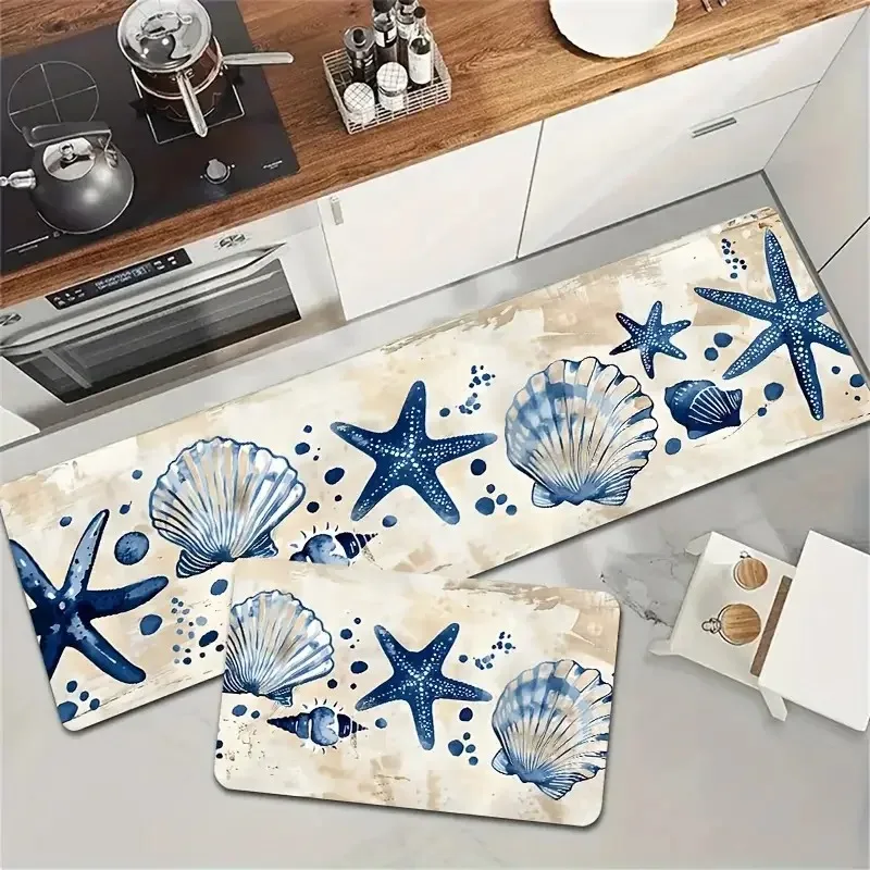 Beach Nautical Starfish Seashell Kitchen Rug Set Wear‑Resistant Floor Mat Ocean Theme Carpet for Kitchen Hallway Home Decor