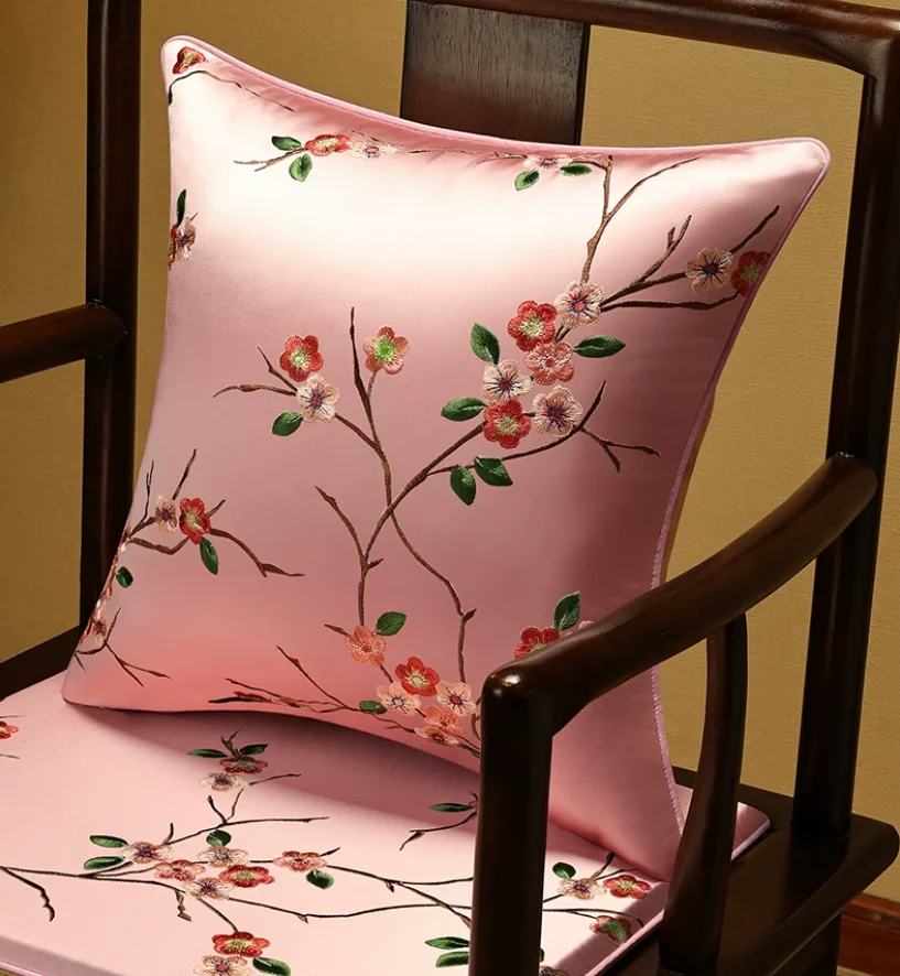 Chinese Style Plum Blossom Embroidery Throw Pillow Cover, Satin Soft Cushion Case for Sofa Chair Bed 18x18 Inch
