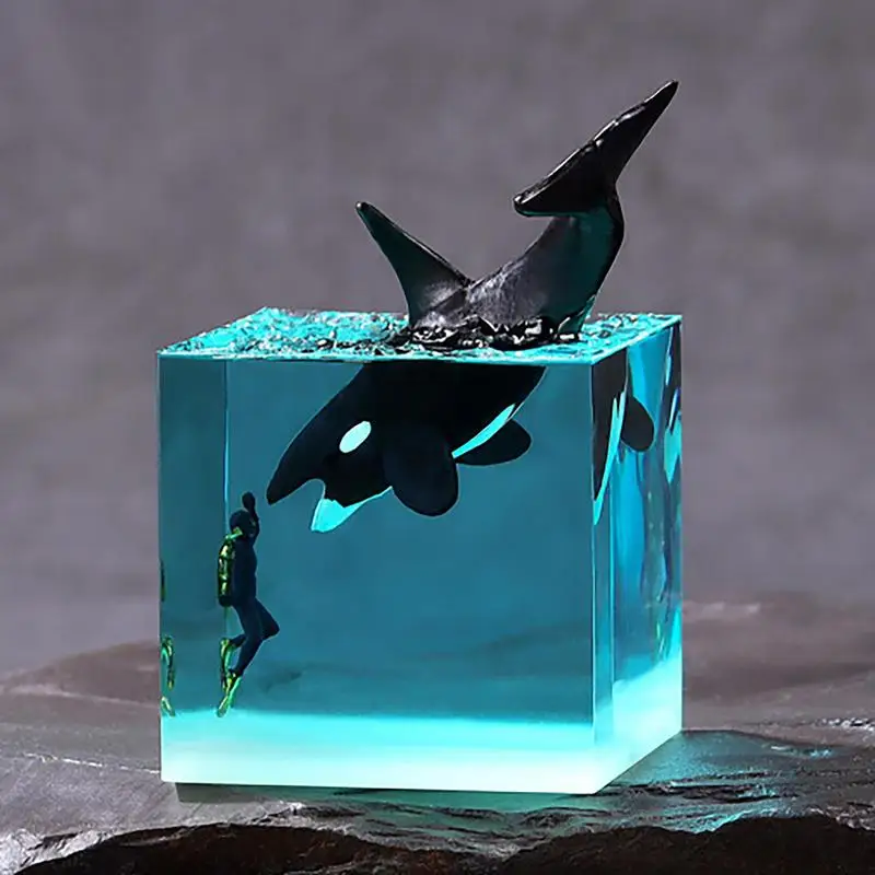 Cube Night Lights Marine Resin Whale Humpback Diver Cube Bedside Ocean Night Lamp For Kids Home Luminous Ornament For Bedroom