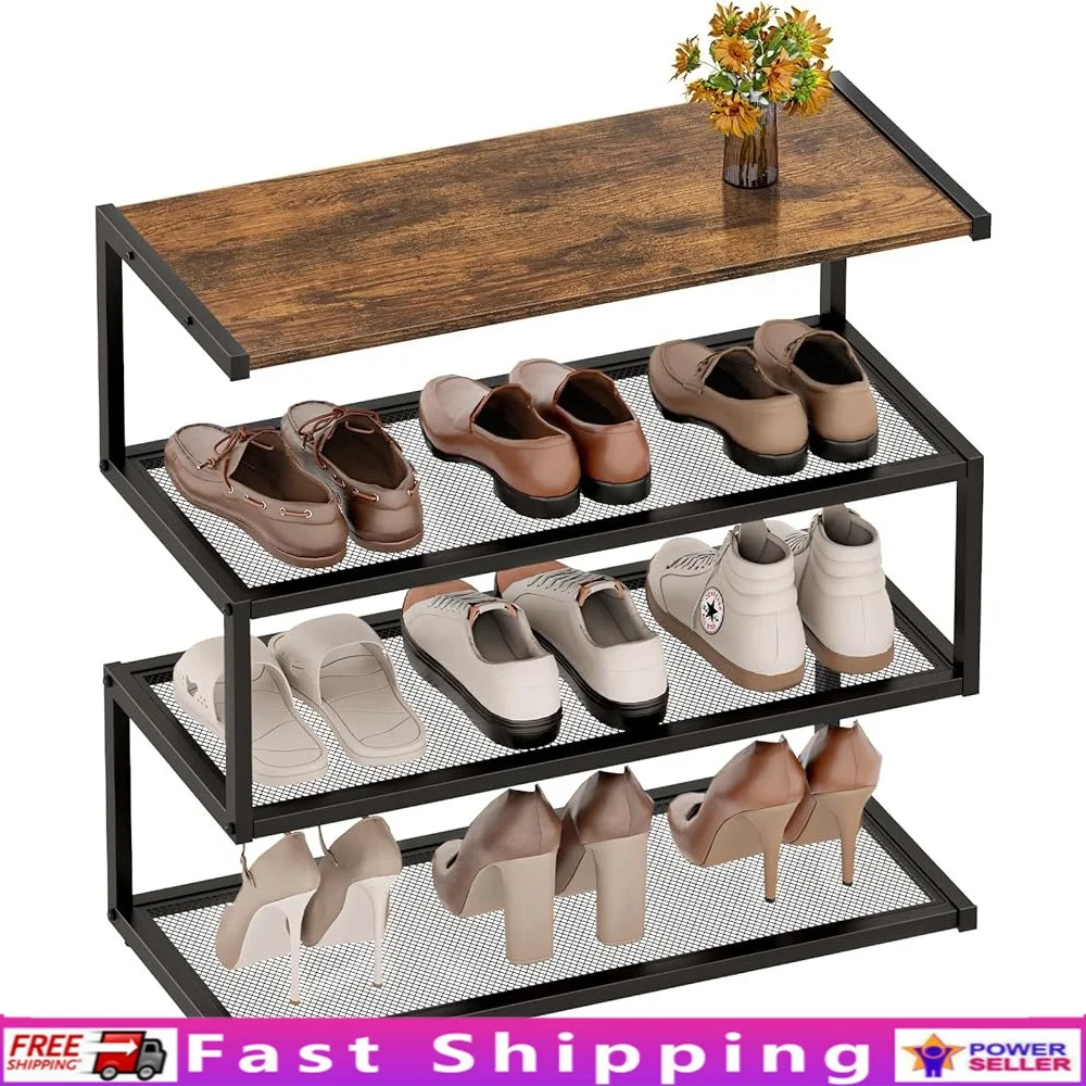 

Unique 5-Shaped Wooden Shoe Rack 4-Tier Shoe Organizer with Steel Frame Entryway Mudroom Storage