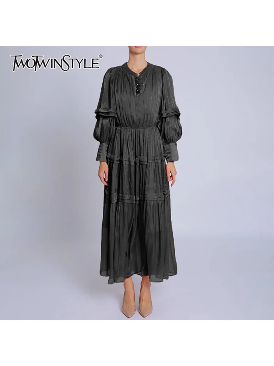 

TWOTWINSTYLE Solid Spliced Folds Loose Dresses For Women O Neck Long Sleeve High Waist Temperamnet Long Dress Female Fashion New