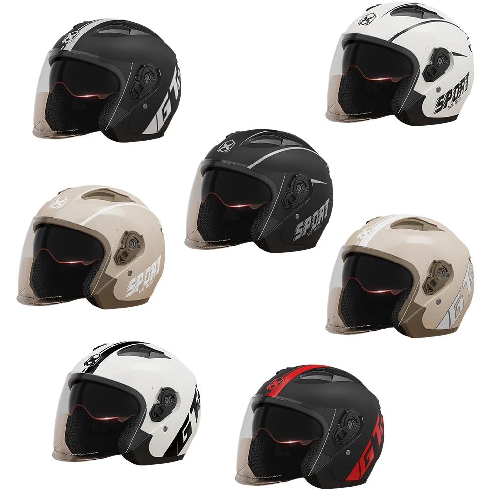 Meio capacete com lente dupla, forro confortável, ventilação, redução de ruído, para todos os climas, motocicleta, ciclismo, face aberta, 3/4