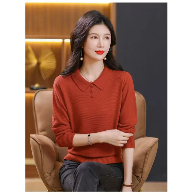 

Sweater Women's Long-sleeved T-shirt Autumn Lapel Knitted Base Shirt Thin 2025 New Mother Polo Shirt Top