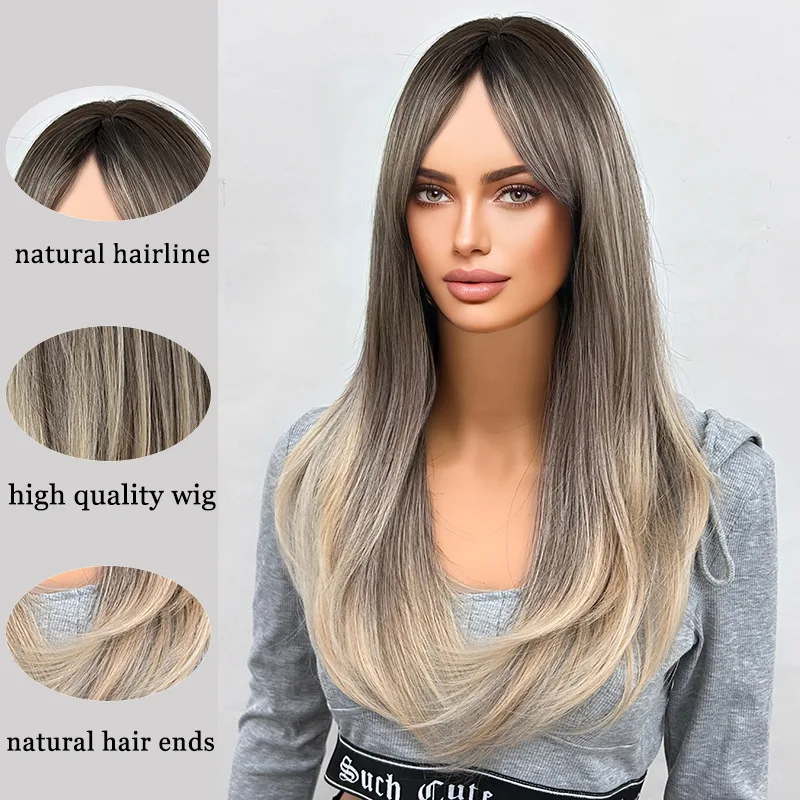 شعر مستعار طويل مستقيم متدرج ذهبي، مظهر طبيعي، شعر مقاوم للحرارة مناسب للحفلات والاستخدام اليومي