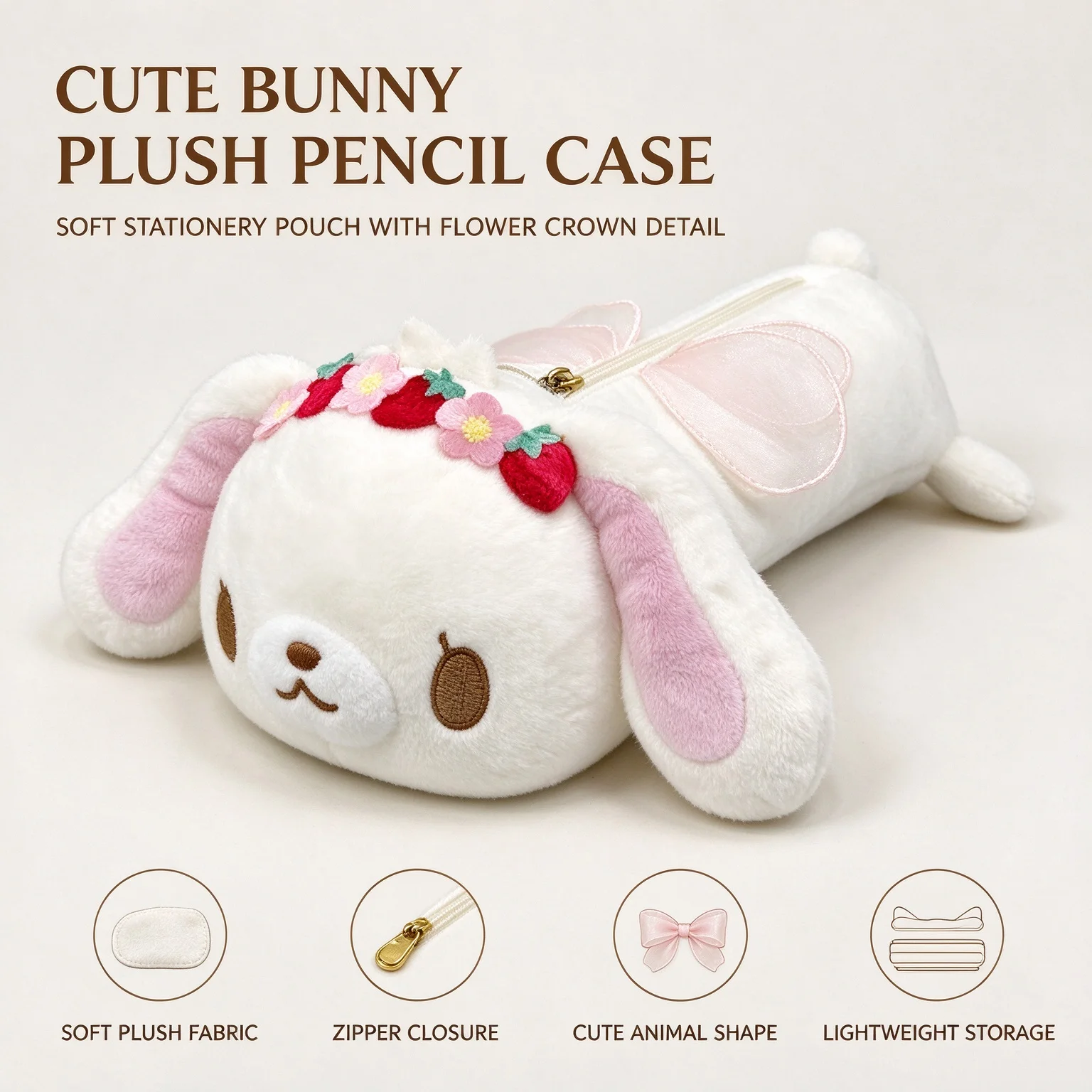 Kawaii caramel bunny plush pencil case healing doll wreath design soft fluffy high capacity stationery pouch cute