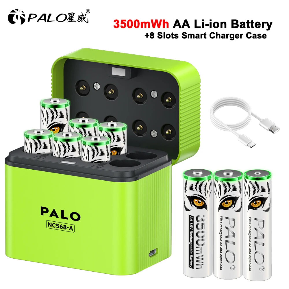 Batterie rechargeable AA 1.5V, piles Li-ion AA HR6 LR6 pour télécommande, jouets électriques, souris + étui de chargement intelligent à 8 emplacements, chargeur de batterie
