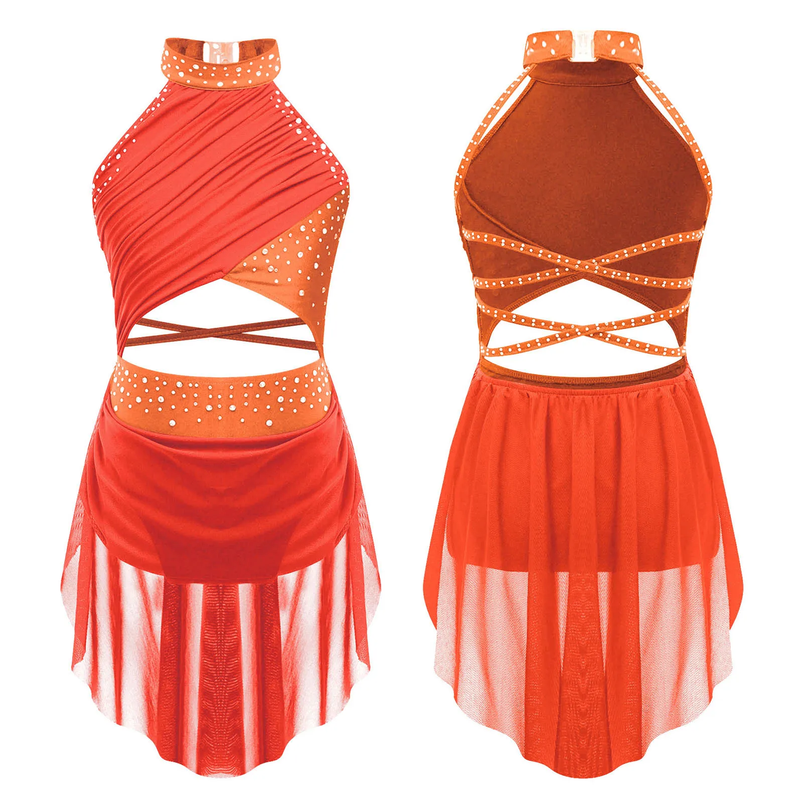 

Girls Ballet Gymnastics Leotard Dress Modern Contemporary Lyrical Dance Costumes Rhinestone Sheer Mesh Figure Skating Dancewear