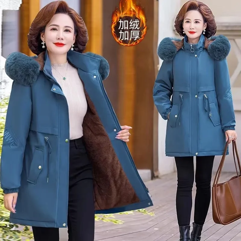 Winter Middle Aged Elderly Mother Parkas Long Hooded Cotton Warm Jacket Fashion Plush Thicken Women's Coat Large Size Overcoat