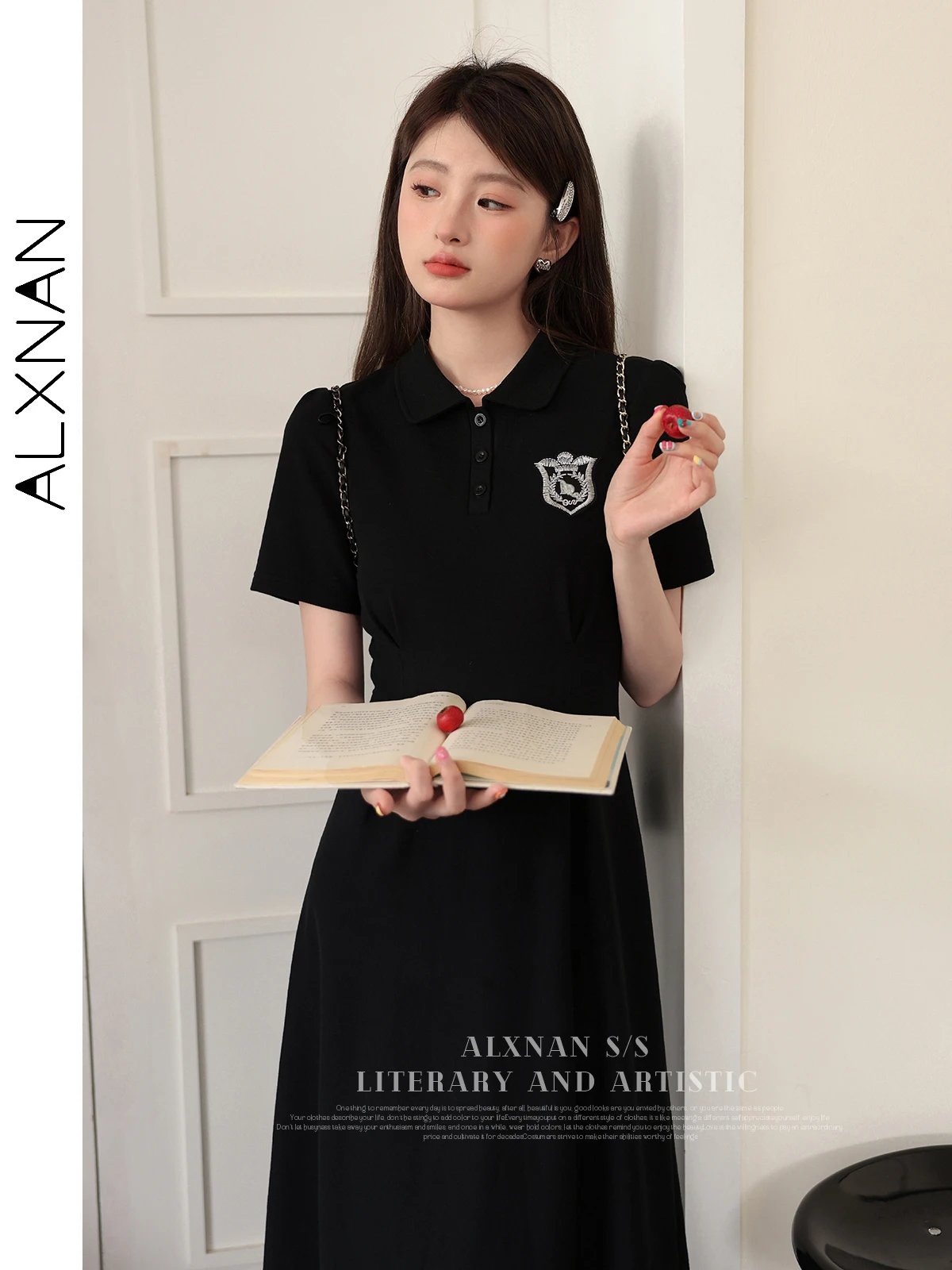 ALXNAN Polo Collar Black T-shirt Dress Woman 2024 Summer Solid Casual A-line Short Sleeve Women's Dresses Clothing LXN29826